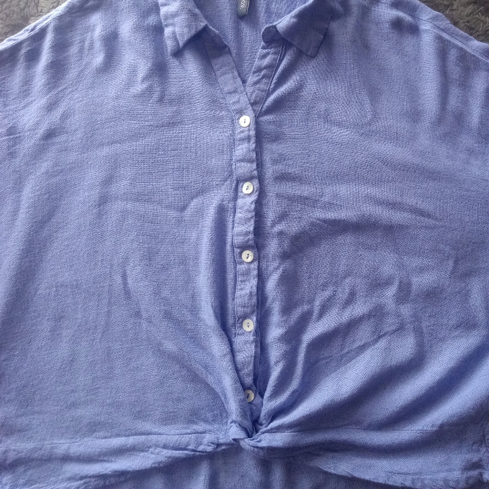 L.O.V Women's Blue Long Sleeve Tie Knot Linen Blend Button Blouse Size M - Picture 4 of 10